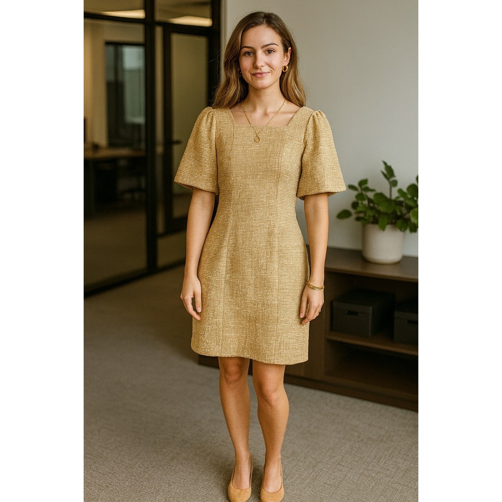 Emelia M Tan Tweed Dress Square Neck Puff Sleeve Office Teacher Boardroom Outfit
